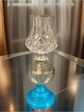 Vintage Glass Pedestal Oil Lamp Turquoise Base & Cut Glass Chimney